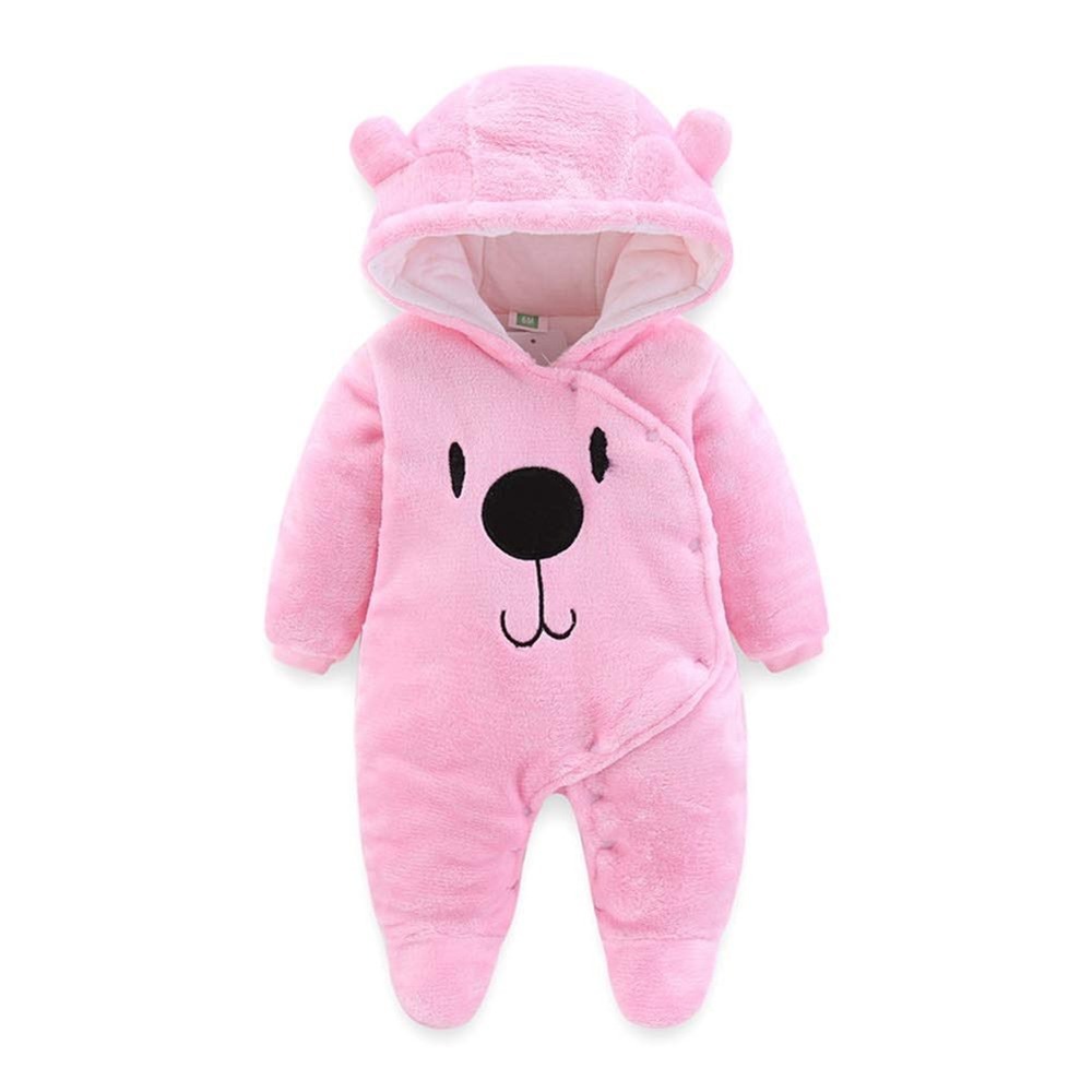 Pink Plush Bear Fleece Hooded Baby Snowsuit Footed Pram Suit 3-6 Months
